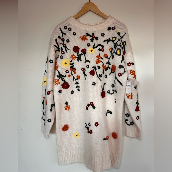 NWT Anthropologie Floral Appliqué Embroidered Cream Sweater Tunic Mini Dress - Picture 3 of 12